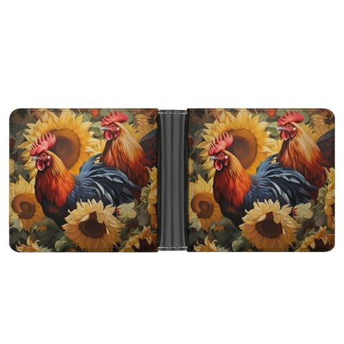 Roosters Sunflowers Farmhouse Funny Billfold Wallet Credit Card Holder Slim Passcase Pouch Purse for Men Women