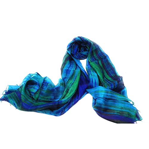 Foulard en Soie Femme - Châle Bleu et Vert Peint à la Main - Écharpe Naturelle