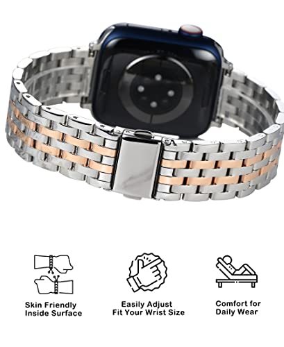Stylish Bands For Apple Watch 38Mm 40Mm 41Mm 42Mm 44Mm 45Mm For Women, Dressy Watch Bands For Apple Watch Metal Bands Compatible With Apple Watch 7,6,Se,5,4,3,2,1, Silver And Rose Gold Watch Band For Apple Watch #TOP4
