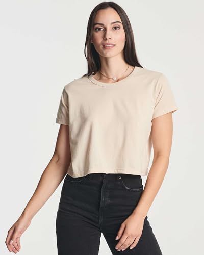 Real Essentials 4 Pack: Women's Cotton Short Sleeve Crop Top – Cropped Casual Crew Neck T-Shirts (Available in Plus Size)2