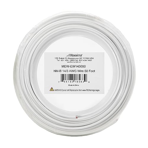 Maxxima 50 Ft. 14/3 White NM-B Solid Copper W/G Electrical Wire, Non Metallic Sheathed Cable, 600V, Residential Wiring, Branch Circuits for Single Pole Lighting, Outlets & Switches
