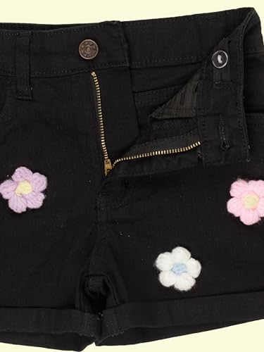 Image of KiddoPanti Girls Tight Length Rollup Denim Shorts with Lavender and Pink 3D Crochet Flowers