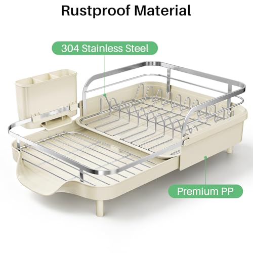 Image of SNTD Dish Drying Rack, Expandable Dish Rack for Kitchen Counter, Stainless Steel Dish Drainer with Drainboard Set and Utensil Holder (Beige)