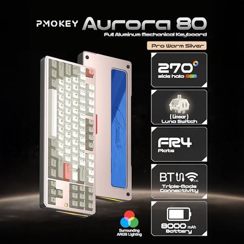 Image of PMOKEY Aurora 80 CNC Full Aluminum Wireless Mechanical Keyboard with VIA /QMK, 8000mah Battery, Tri-Mode Wireless Gaming Keyboard Custom Hot Swappable RGB Backlit for Windows /Mac /PC (Pro Warm Silver)