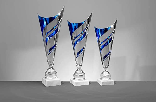 Pokal Jacob Silber-Blau - Trophäe mit Wunschtext Gravur - Einzeln, 52,5 cm | Eleganter Siegerpokal für Sport & Turnier, hochwertig verarbeitet, individuelle Beschriftung, in 3 Größen oder als Set