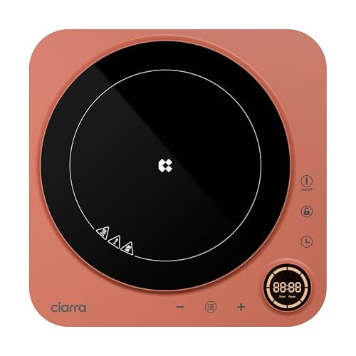 Ciarra CBTIH1A-O Placa de Inducción Portátil 2000W de Potencia en 8 Niveles, Diseño en Cristal de Alta Resistencia, Display Táctil, Temporizador, Fácil Limpieza-Naranja