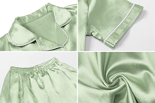 Image of Umeyda Women & Girls Pajamas Set, 2 Piece PJS Satin Silk Sleepwear Button-Down Top with Shorts for Mom Kids Gifts