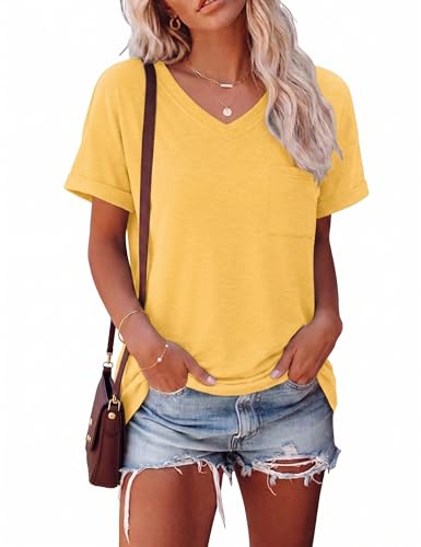 Image of Aottori T-Shirt Women UK Summer Short Sleeve V Neck T Shirts Basic Pocket Ladies Tshirt Loose Fit Tee Top Casual Solid Yellow L