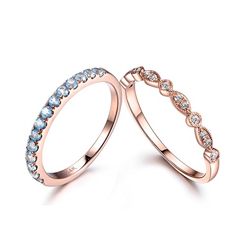 Swiss Blue Topaz 14K Rose Gold Wedding Ring Set Diamond Marquise Milgrain Stacking Band Half Eternity 2Pc #TOP26