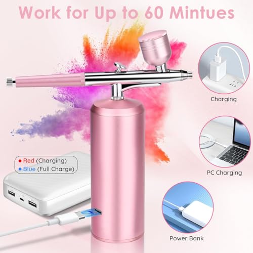 Image of HANNEA Cordless Airbrush Kit, Rechargeable LCD Airbrush Spray Gun with 3 Pressure Level, 0.3mm Nozzle, Portable Airbrush Compressor for Painting, Makeup, Nails, Model Craft, Pink