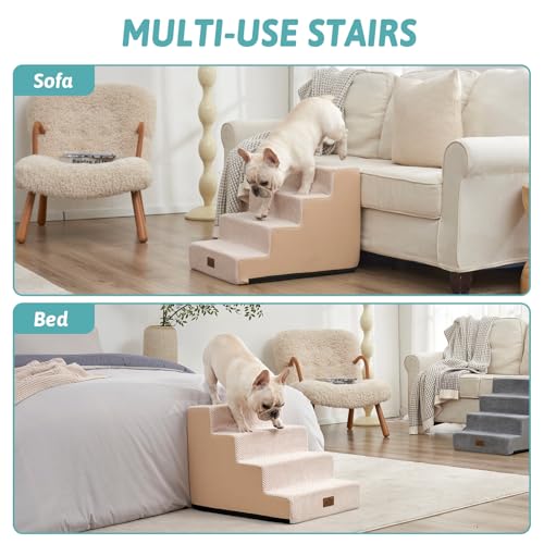 COZY KISS Dog Stairs for Small Dogs, 4 Tier Wider Pet Stairs for Couch and Beds, 17.7\" H Non-Slip Dog Steps for Old Cats, Puppy, Small Medium Dogs, 17.7x23.6x17.7 inch, Beige