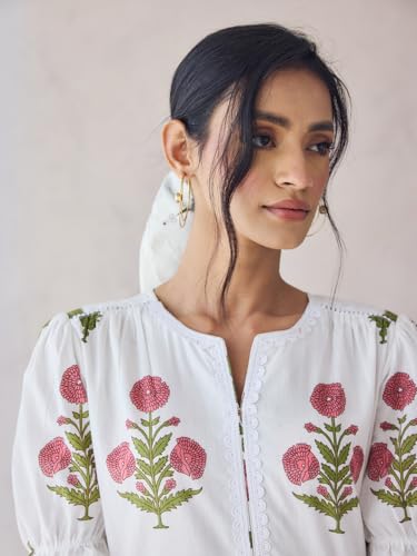 Image of FIORRA Women Fit & Flare Off-White Floral Printed Cotton Midi Dress
