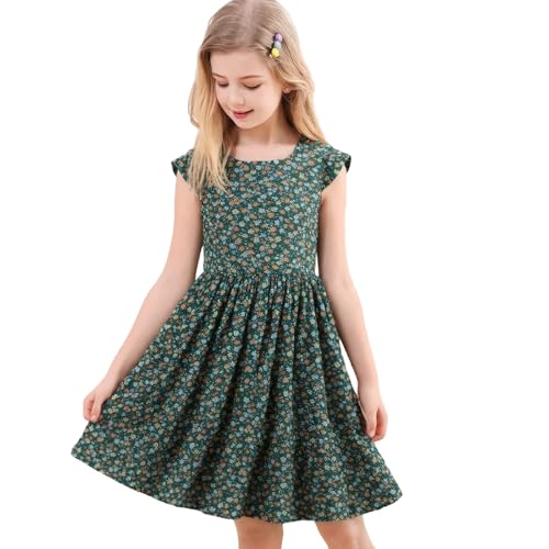 Girls Summer Ruffle Sleeve Floral Dresses Smocked Flowy A-Line Cotton Sundresses for Girl Casual Boho Dress 4-12 Y