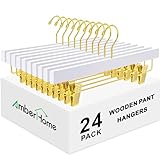 Amber Home 24 Pack White Wooden Pants Hangers with Gold Clips, Wood Skirt Hangers Trouser Hangers with Gold Hook for Jeans, Slacks, Shorts