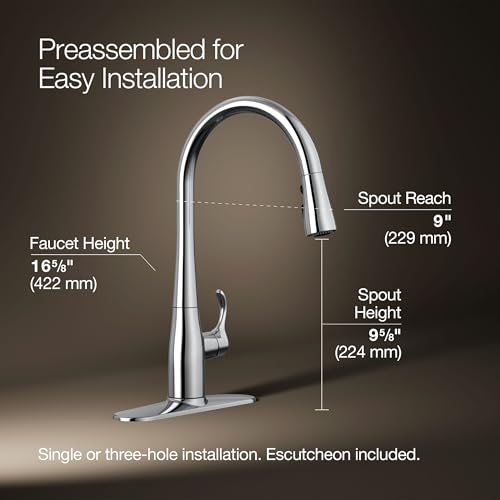 Image of KOHLER 596-CP Simplice Kitchen Sink Faucets with Pull Down Sprayer, 3-Spray Design, Polished Chrome Kitchen Faucets, High Arch
