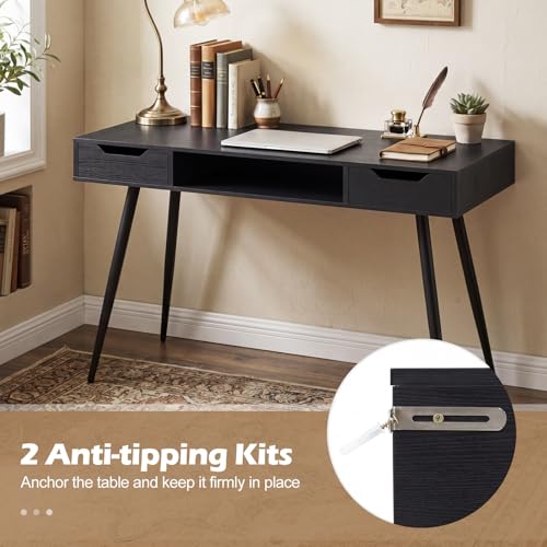 Image of Tangkula Mid Century Modern Computer Desk, Writing Desk with 2 Drawers & Open Center Storage, Small Wooden Study Table for Home Office & Compact Spaces (Black)