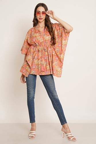 Image of COTLAND Fashions Jaipuri Cotton Kimono Sleeves Printed Longline Kaftan Top for Women