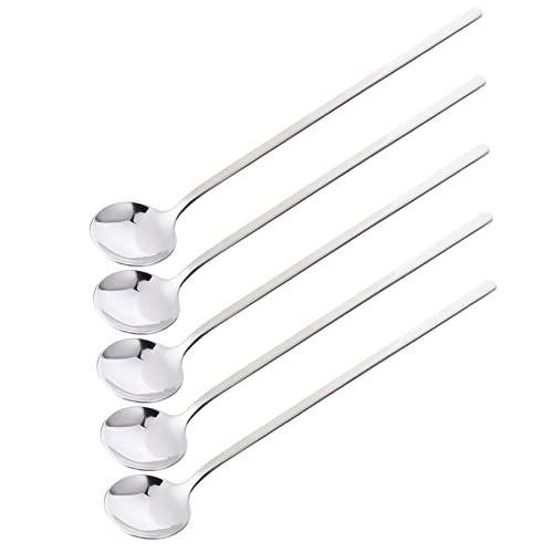 FUNOMOCYA 5 Pcs Stainless Steel Round Spoon Long Handle Spoon Ice Cream Paddle Spoon Sugar Spoons Cocktail Spoons Stainless Spoon Demitasse Espresso Spoons 410 Stainless Steel Silver