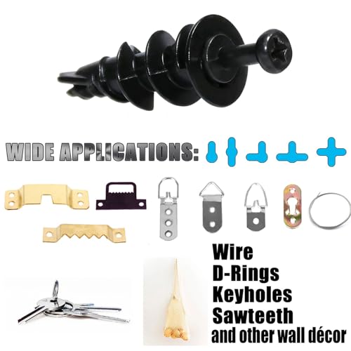laffeya Picture Hanging Kit, Double-Headed Bear Claw Screws & Anchors, Zinc Drywall Picture Hangers for Hanging Pictures Mirrors Sawtooth D-Rings (Black Zinc+Long, 40) by laffeya - Image 6