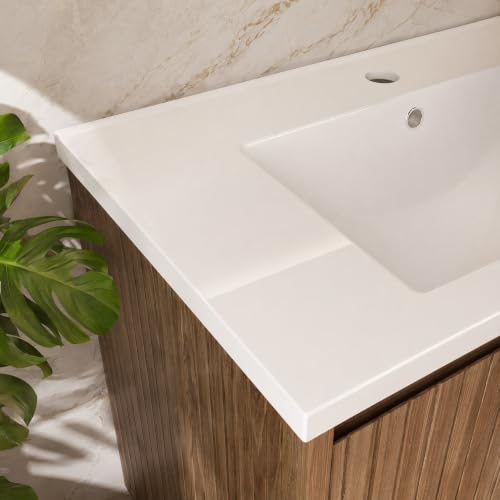 Image of 30 Inch Floating Bathroom Vanity with Ceramic Sink, Modern Striped Wall Mount Vanity Cabinet with Compartmentalized Storage Drawer, Walnut