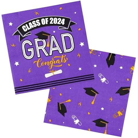 100 Pcs Graduation Paper Napkins Congrats Grad Disposable Cocktail Napkins, 3-Ply Class of 2024 Decorative Party Napkins for High School University College Graduation Party Decoration (Purple) Cover