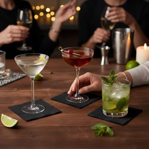 Image of Henoyso 1000 Pack 2 Ply 9.8 x 9.8 Inch Black Cocktail Napkins Bulk