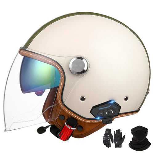 GNIUBBDB Casque Jet Bluetooth Casque Moto Certification ECE Casque Cuir Casque Scooter Casque Jet pour Adultes Hommes Femmes avec Double Pare-Soleil F-1,M (54-57 cm)