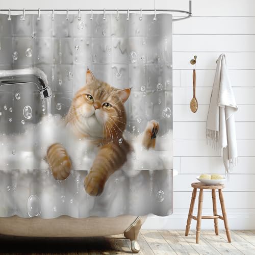 APROPHIC Cortina de ducha, diseño de gato de dibujos animados, cortinas de ducha, cortinas de baño para niños, resistentes al agua, baño con 12 ganchos, 180 x 180 cm