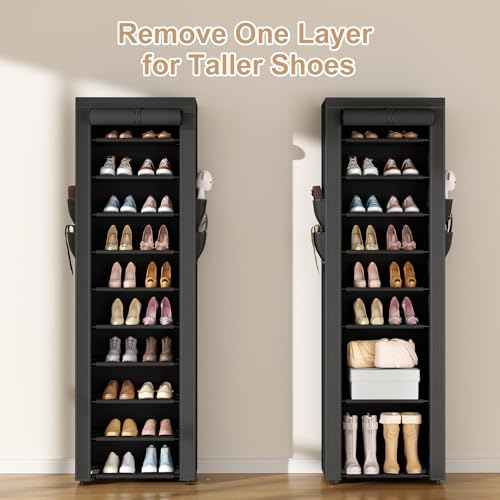 Image of ROJASOP Shoe Rack with Covers 10 Tier Large Shoe Organizer Tall Shoe Closet Storage for 20-22 Pairs Shoe and Boot, Free Standing Shoe Rack Organizer for Closet, Entryway, Bedroom, Black