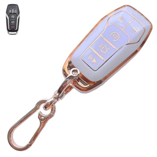 WKIOERAD for Ford Key fob Cover with Keychain,White Soft TPU Protection Key Case Shell,5 Buttons Compatible with Fusion Mustang F150 Edge Explorer Lincoln MKZ MKC MKX Smart Remote Key (For Ford B)