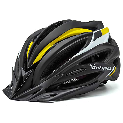 VICTGOAL Casque Velo Homme Femme VTT Casque de Vélo de Montagne avec Visière Capuchon de Protection Solaire Amovible et LED léger Casques Velo pour Adultes 57-61 cm (Noir Jaune)