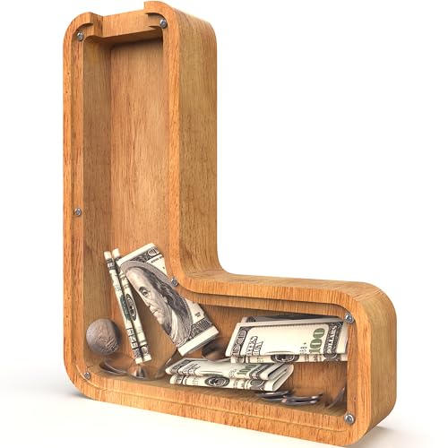 Image of Piggy Bank for Kids Boys Girls, Large Personalized Wooden Letter Piggy Bank with Cut-Out Design, Alphabet Letter Coin Banks, Money Savings Box, Wooden Bank for Kids Creative Gift for Real-Money(L)