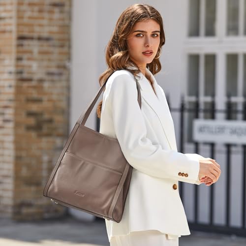 Image of Kattee Leather Tote Bag for Women, Medium Shoulder Handbag | Top grain pebbled leather with 5 pockets, fits a 12-inch tablet, and stays lightweight for everyday use.