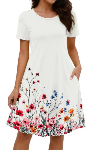 Image of COSSEN Women's Summer 2026 Casual Tshirt Dress Crew Neck Short Sleeve with Pockets Flowy Loose Swing A-Line Sundress