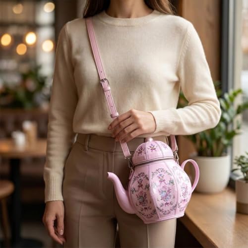Women PU Leather Floral Handbag Crossbody Shoulder Bag Pearl Chain Valentine Purse for Girls with teapot Ornament Pink - image 2