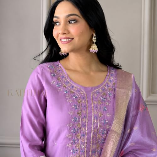 Image of Kaththai Women Embroidered Kurta and Pant Set with Dupatta | Ethnic Suit Set for Women | Floral Printed Organza Dupatta | Festive, & Traditional Kurta Set