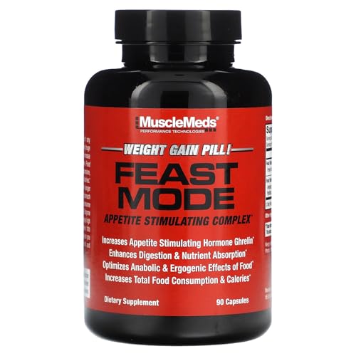 MuscleMeds Feast Mode Appetite Stimulant Weight Gain Pills Digestive Enzymes Safe and Effective 90 Caps, Unflavored, 90 Count