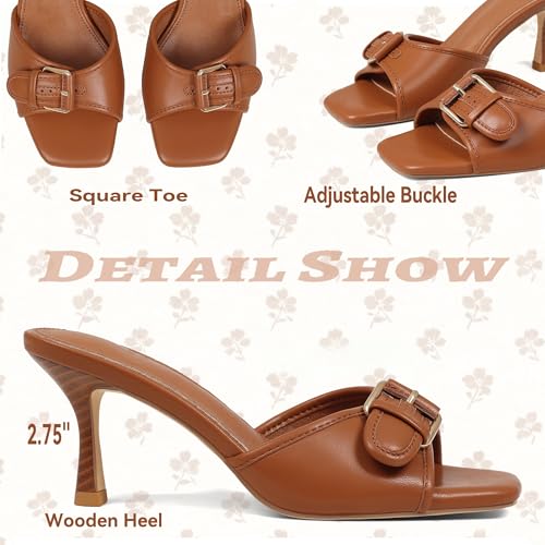 Image of Goiphrri Kitten Heels for Women Summer Heeled Sandals | Slip On Mule Heels with Adjustable Buckle Strap Wide Feet Open Toe Heels for Women Daily Vacation Fashion Dressy