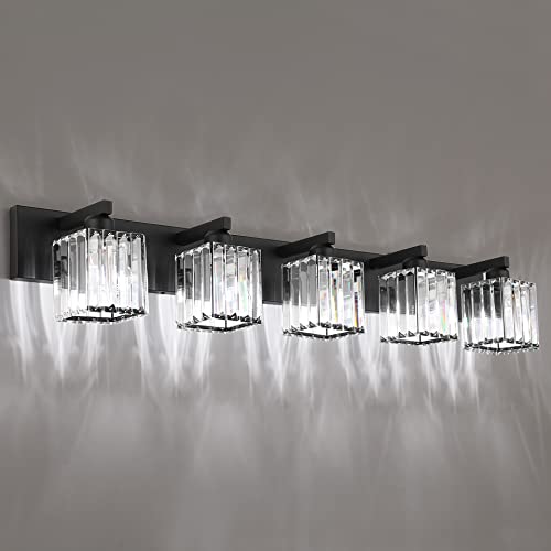 Image of Aipsun Bathroom Vanity Light Black Light Fixtures 5 Light Crystal Vanity Light Modern Bathroom Lighting (Exclude Bulb)