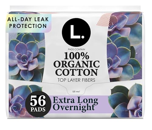 L. Extra Long Maxi Pads for Women, Overnight Absorbency, Organic Cotton Top Layer, Unscented Pads with Wings, 56 Count (2 Packs of 28)