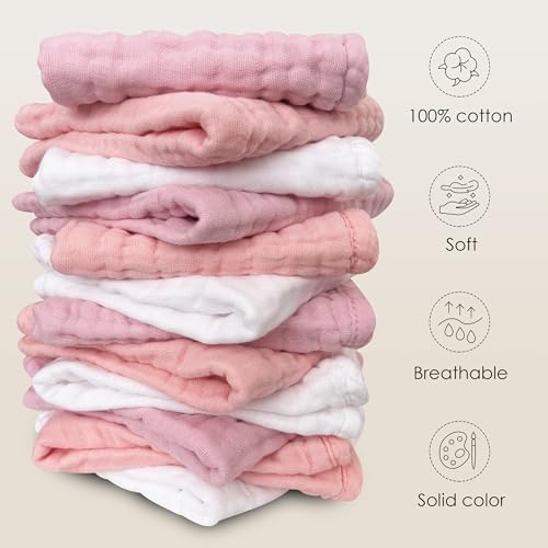 Sunny zzzZZ Baby Muslin Washcloths -100% Cotton Muslin Soft Baby Bath Wash Cloths and Absorbent Burp Cloths for Newborns Kids Girls and Boys -12 Pack, 12x12 Inches - White+Light Sakura Series - Thumbnail 5