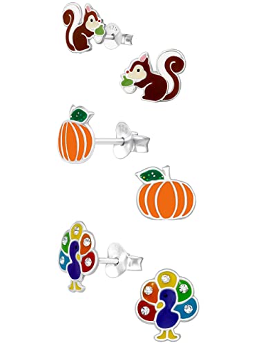 925 Sterling Silver Set of 3 pairs Fall/Thanksgiving Theme Squirrel w/Acorn Orange Pumpkin Turkey Stud Earrings
