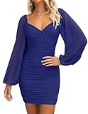 ZESICA Women's Sexy V Neck Ruched Bodycon Mini Dress Puff Long Sleeve Cocktail Wedding Party Short Dresses,RoyalBlue,Small
