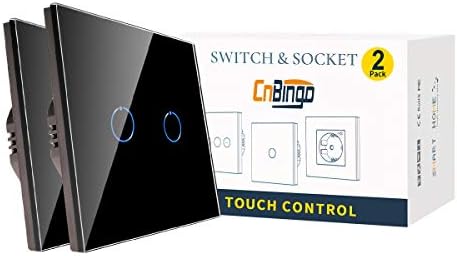 CNBINGO Touch Light Switch, Black Single Light Switch, Tempered Glass Panel with LED Backlight, No Neutral Wire, 1-Gang 1-Way, AC 240V 500W