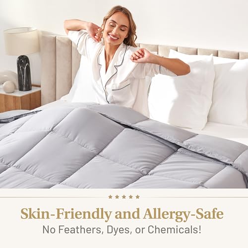 Image of Lavish Comforts Grey Comforter Queen - Fluffy Down Alternative Duvet Insert, Light Grey Comforter, All-Season Bedding, Hypoallergenic, Machine Washable, Queen Duvet Insert with Corner Loops