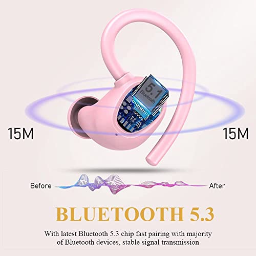 Image of Wireless Earbuds Bluetooth 5.3 Headphones With Dual Mic, Noise Cancelling In-Ear Earphones, Sport Earhook IP7 Waterproof, 48H Stereo Headset, USB-C (Pink)