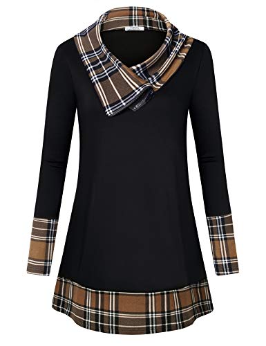 Womens Tunics Plus Size, Youtalia Ladies Tops for Leggings Long Sleeve Zipper Shirt Cowl Neck Pullover Color Block Casual Tunic Blouses Black Coffee XXL