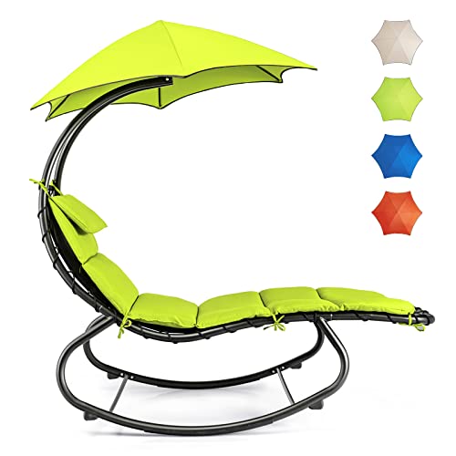 Tangkula Hanging Chaise Lounge Chair, Rocking Hammock Swing Chair With Cushion, Built-In Pillow, Removable Canopy, Outdoor Hanging Curved Chaise Lounger For Poolside, Backyard, Garden (Green) #TOP6