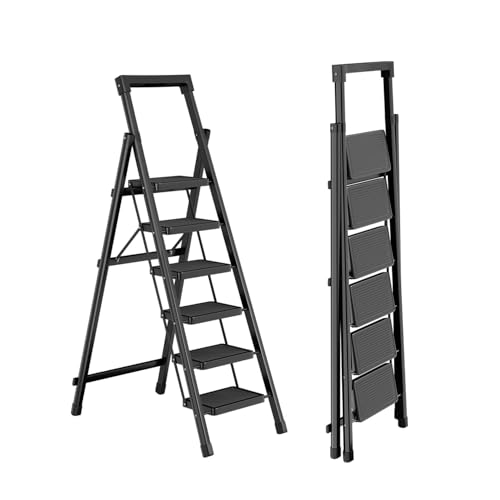 Image of 6 Step Ladder with Platform,Folding Step Stool Heavy Duty,Protable Step Ladders with Anti-Slip Widen Pedals,Handrail,Safe-Lock Design,Tall Kitchen /Closet Step Ladder for Adults