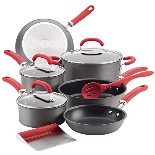 Image of Rachael Ray Create Delicious Hard Anodized Nonstick Cookware Pots and Pans Set, 11 Piece, Red Handles